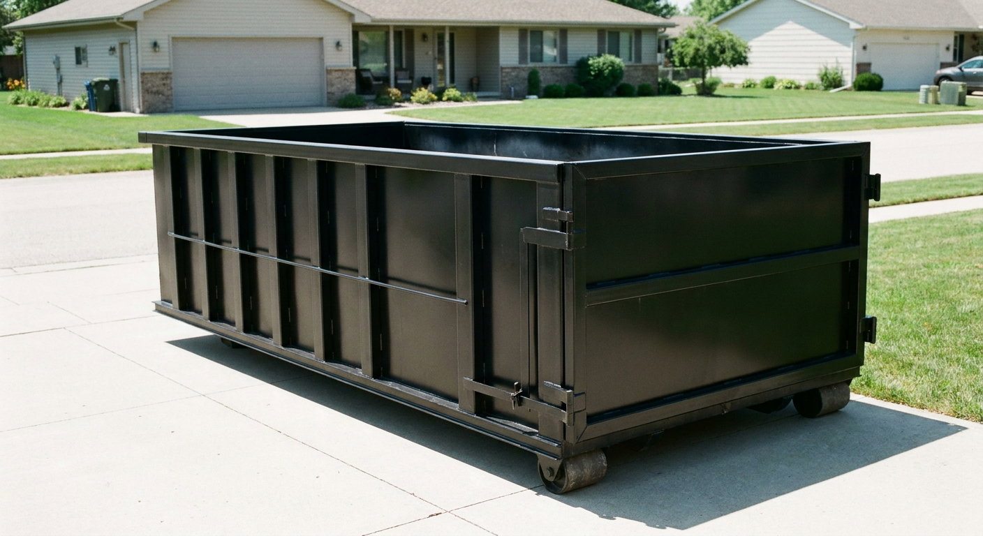 Matte-black 10-yard roll-off dumpster on a residential concrete driveway in Berkeley, uniformly painted matte black across every panel and rail, ribbed steel sidewalls and rear swing door visible, mid-day daylight.