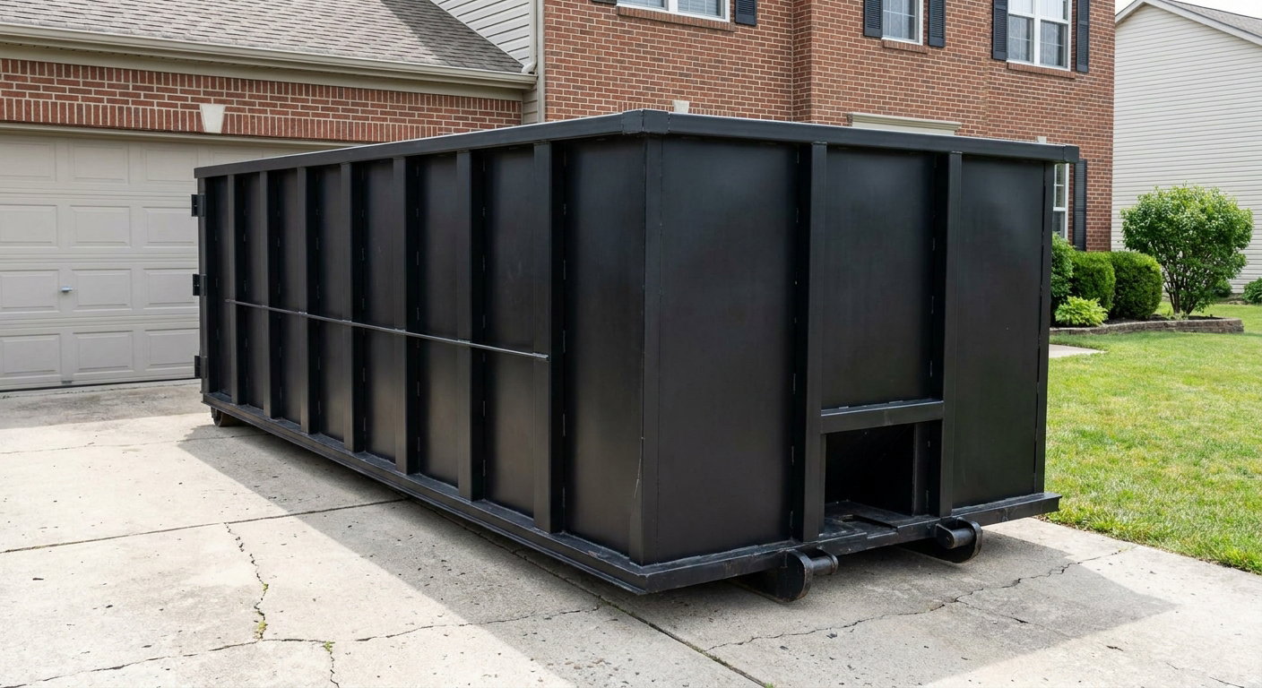 Matte-black 20-yard roll-off container on a Berkeley residential concrete driveway with reinforced ribbed steel sidewalls and a hinged rear walk-in door, clean bright daylight.