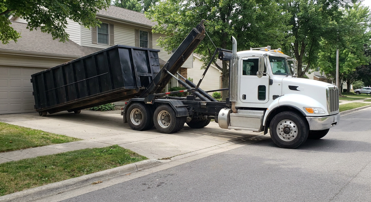 White-cab hooklift roll-off truck actively lowering a matte-black dumpster onto a Berkeley residential concrete driveway, the dumpster's rear wheels touching the driveway as the hoist arm tilts the bed forward, mid-morning daylight.