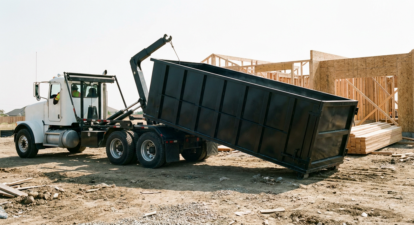 Matte-black roll-off dumpster being delivered onto a clean residential concrete driveway in Berkeley by an unmarked white hooklift hauler truck, bright morning daylight, documentary 35mm perspective.
